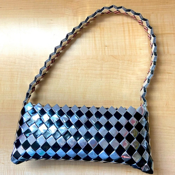 Mexican Candy Wrapper Handmade Zip top Shoulder Bag Purse Black and Silver - Picture 1 of 7